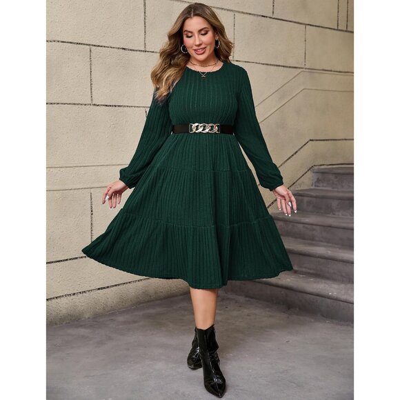 Women Plus Size Knit Sweater Dress Winter Midi with Belt Long Sleeves - Picture 2 of 6